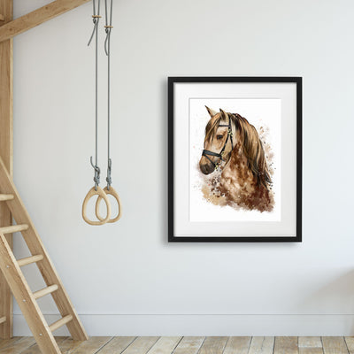 tablou-cu-rama-pentru-copii-care-prezinta-un-portret-impresionant-al-unui-cal-maro-pictat-cu-acuarela-acrylic-equine