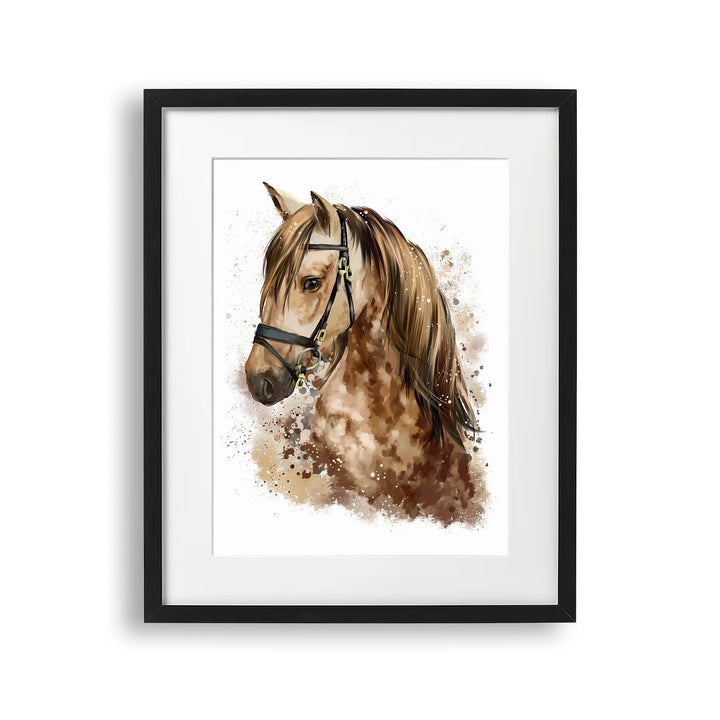 Tablou cu rama pentru copii care prezinta un portret impresionant al unui cal maro pictat cu acuarela acrylic equine