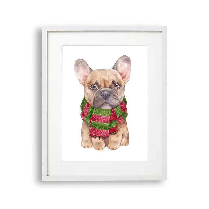 Tablou cu rama pentru copii care ilustreaza un buldog francez cu fular la gat pictat cu acuarela french bulldog