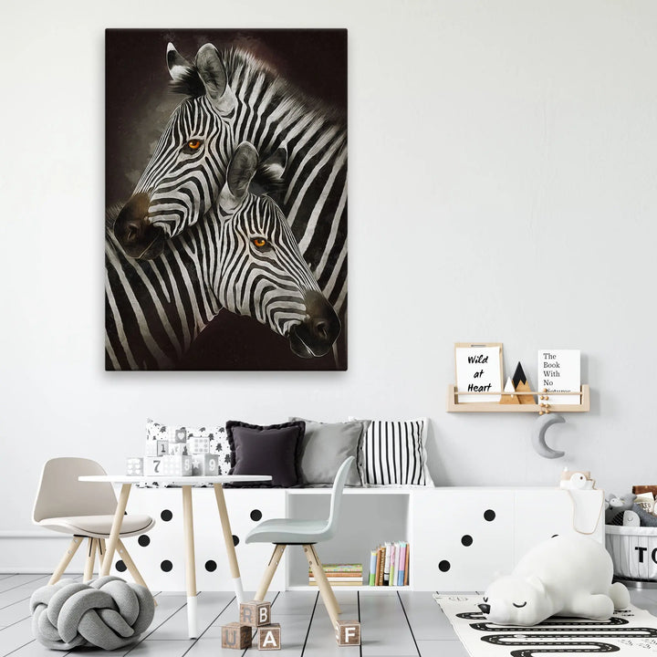 Tablou canvas pentru copii care prezinta doua zebre imbratisate zebras