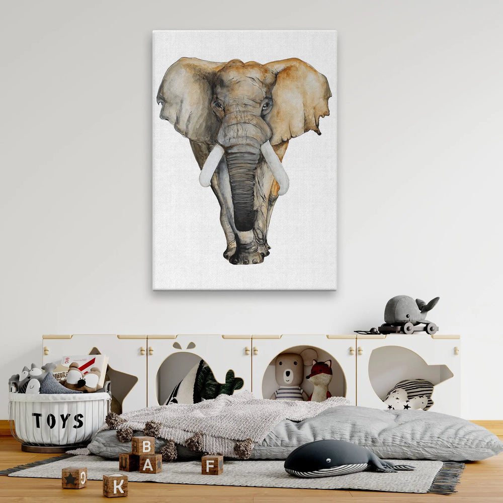 Tablou canvas pentru copii care ilustreaza un elefant desenat cu acuarela pe fundal alb elephant