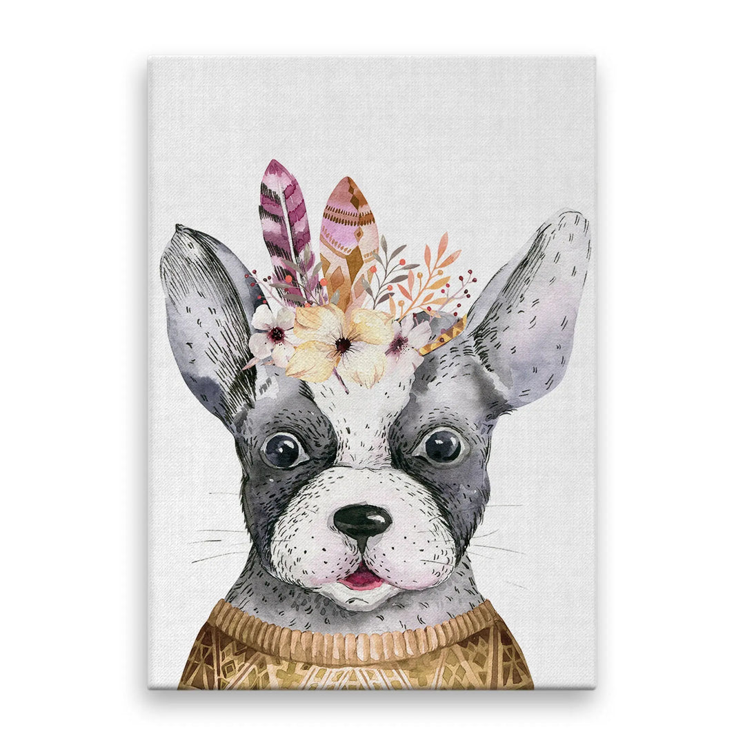 Tablou canvas pentru copii ce ilustreaza un bust de buldog francez cu pene pe cap desenat cu acuarele pe un fundal alb creand o imagine colorata si vesela pentru copii feathery frenchie