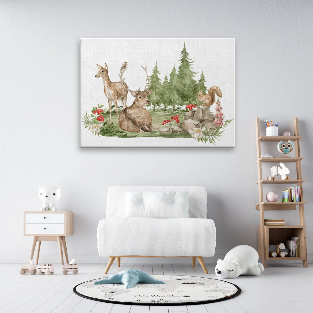 Tabloul canvas pentru copii ilustreaza o padure plina de viata pictata cu acuarele in care animalele se bucura de pace si liniste natures nest