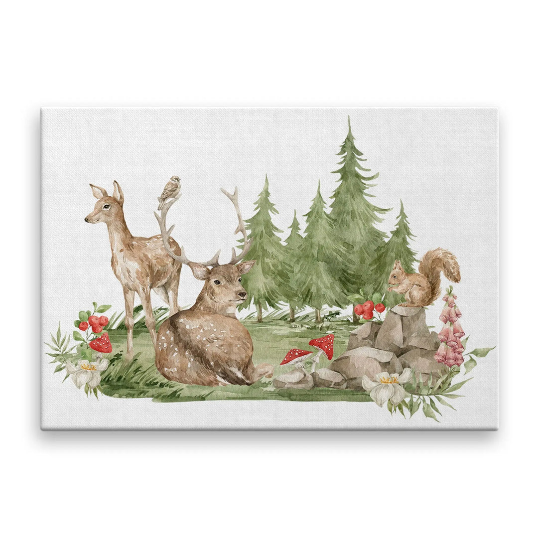 Tabloul canvas pentru copii ilustreaza o padure plina de viata pictata cu acuarele in care animalele se bucura de pace si liniste natures nest