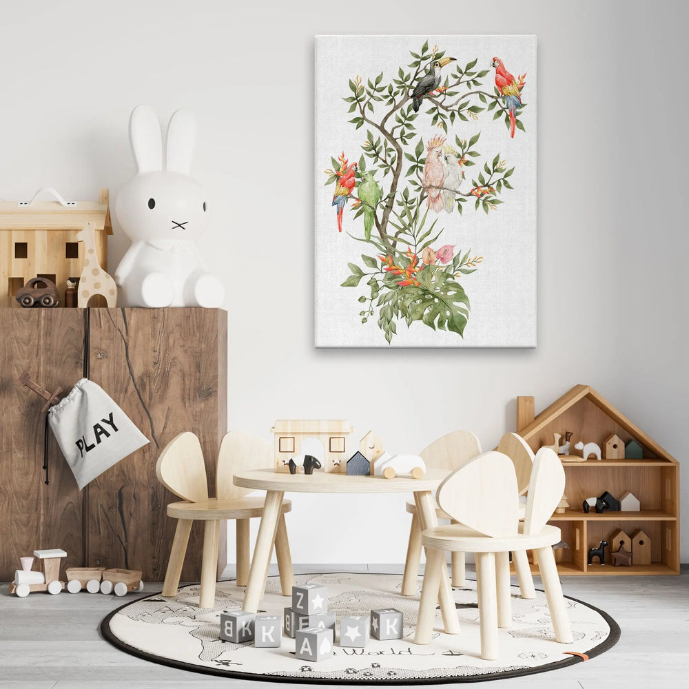 Tablou canvas pentru copii ce prezinta un copac plin de papagali multicolori tropical paradise