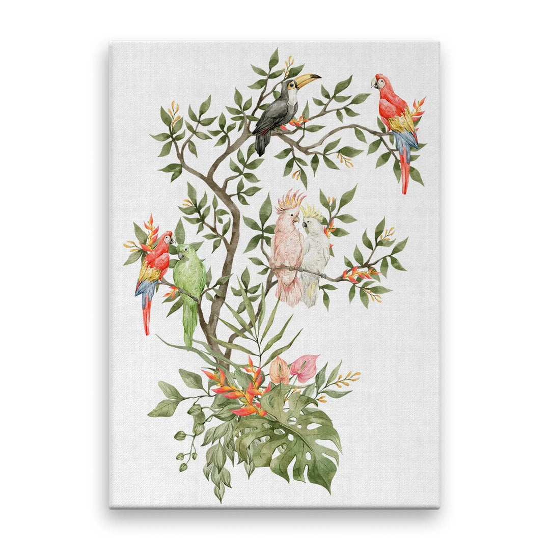 Tablou canvas pentru copii ce prezinta un copac plin de papagali multicolori tropical paradise