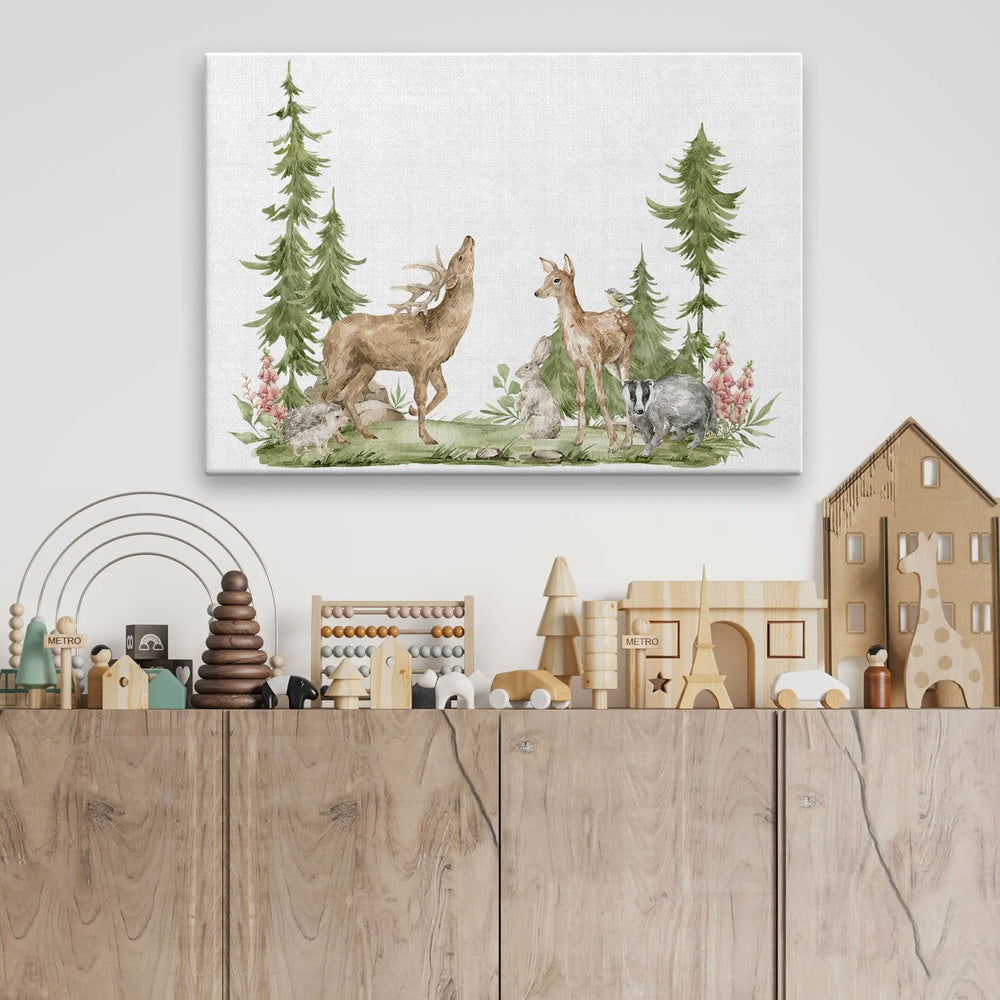 Tablou canvas pentru copii ilustreaza magia padurii bambii si un tanar cerb woodland harmony