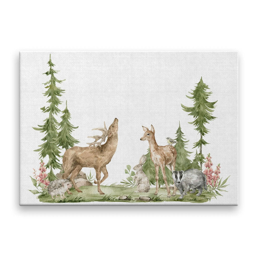 Tablou canvas pentru copii ilustreaza magia padurii bambii si un tanar cerb woodland harmony
