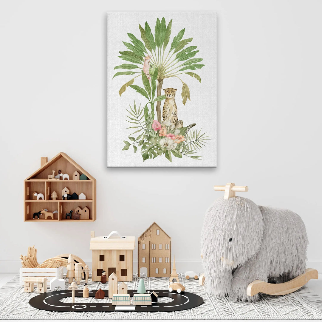Tabloul canvas pentru copii ilustreaza plante si animale tropicale leopard papagali bananier jungle cat