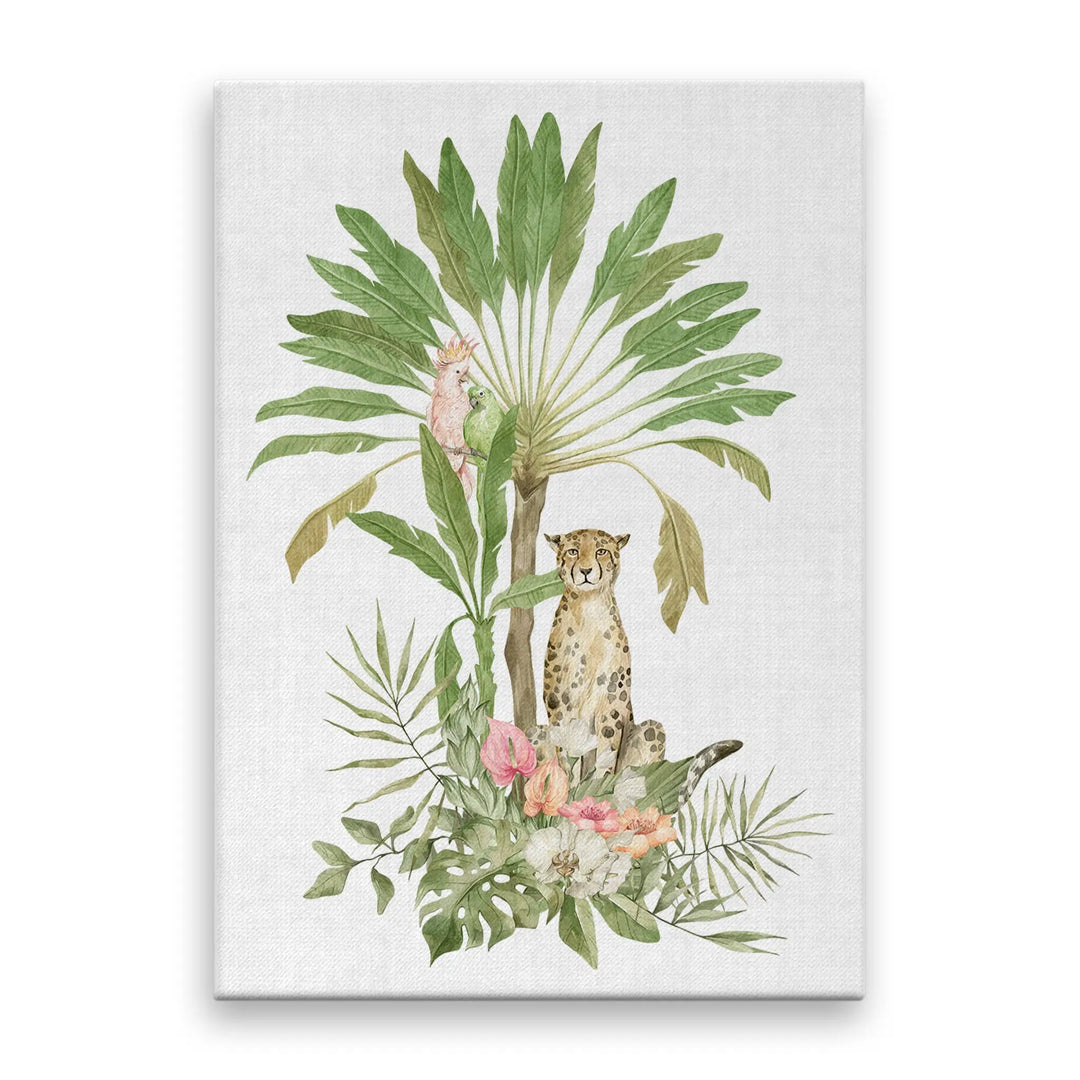 Tabloul canvas pentru copii ilustreaza plante si animale tropicale leopard papagali bananier jungle cat
